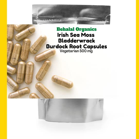 Behalal Organics Irish Sea Moss Bladderwrack Burdock Root Capsules, 100 Count