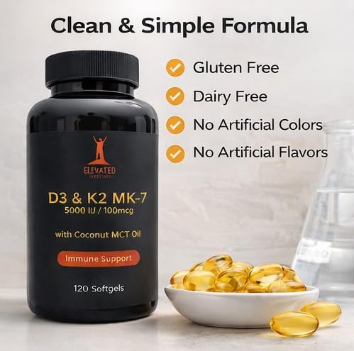 Elevated Nutrition Vitamin D3+K2 MK-7 with Coconut MCT Oil Softgels, 120 Count (5000IU D3 + 100mcg K2 MK-7)