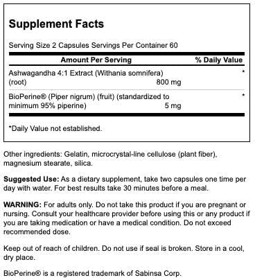 Swanson High Absorption Ashwagandha & Black Pepper Featuring Bioperine Capsule 120 Count