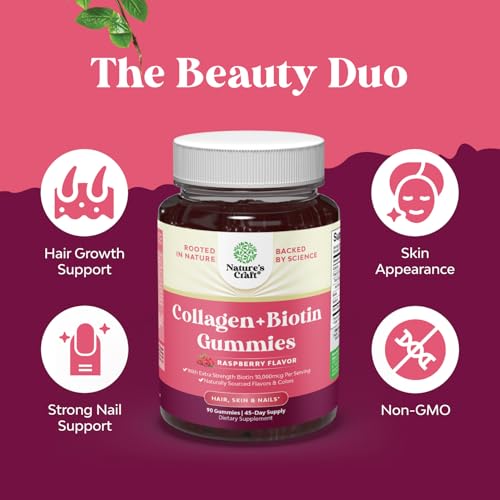 Natures Craft Biotin 10000mcg Gummies with Collagen & DIM for Hair, Skin & Nails Support, 210 Gummies