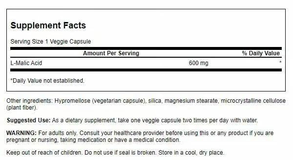 Swanson Malic Acid 600mg Capsule, 200 Capsules