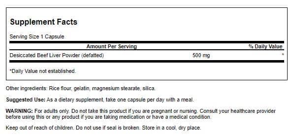 Swanson Defatted Desiccated Beef Liver 500 mg Capsules, 120 Count