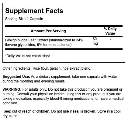 Swanson Ginkgo Biloba Extract 24% 60 mg Vegan Capsules, 240 Capsules