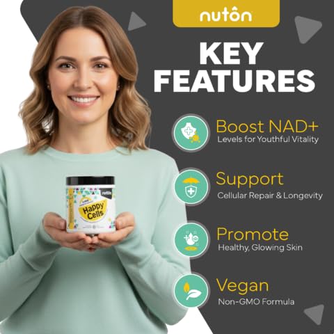 Nuton Happy Cells NMN Supplement with Bioperine for Healthy Aging & Cellular Repair - NAD+ Supplement - Protects DNA, Promotes Skin Health & Brain Function - Vegan - Non-GMO Formula, 30 Capsules