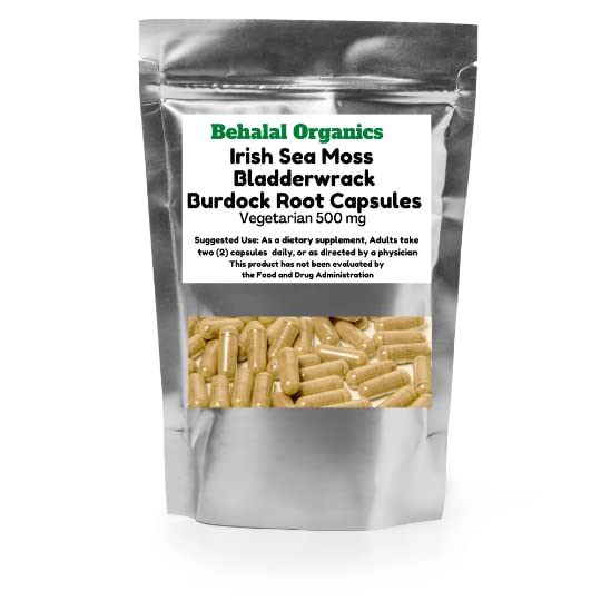 Behalal Organics Irish Sea Moss Bladderwrack Burdock Root Capsules, 100 Count