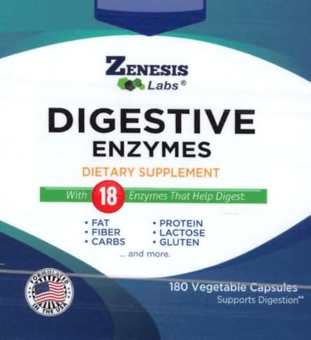 Zenesis Labs Digestive Enzymes with Amylase, Bromelain, Protease, Lipase, and 14 Other Enzymes, 180 Capsules