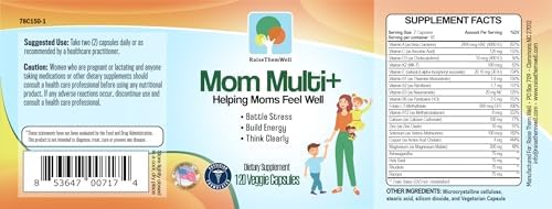 Raise Them Well Mom Multi+ Daily Multivitamin for Women with Active Folate, Adaptogens & Bacopa, Energy, Stress & Cognitive Support, 120 Capsules