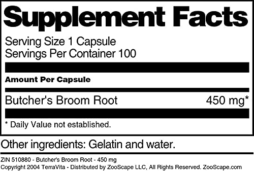 Terravita Butcher's Broom Root 450 mg Capsules, 300 Count