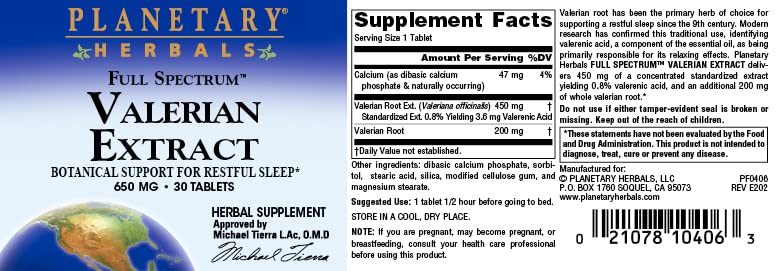 Planetary Herbals Full Spectrum Valerian Extract Tablets, 30 Count