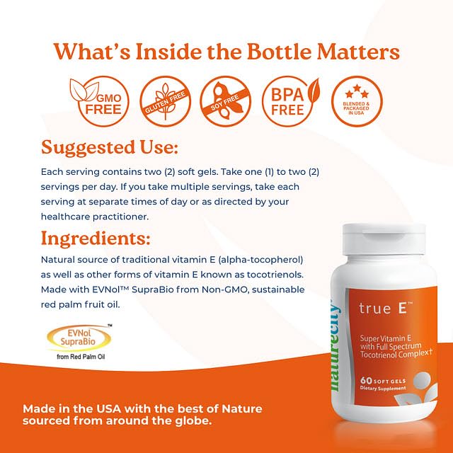 NatureCity True-E Full Spectrum Tocotrienols Vitamin E & Natural Alpha Tocopherol Supplement Softgels 120