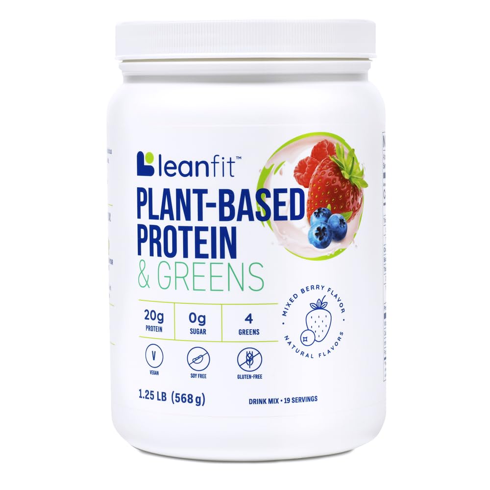 LeanFit Plant-Based Protein & Greens Protein Powder, Natural Berry, 19 Servings, 1.25 lb Tub