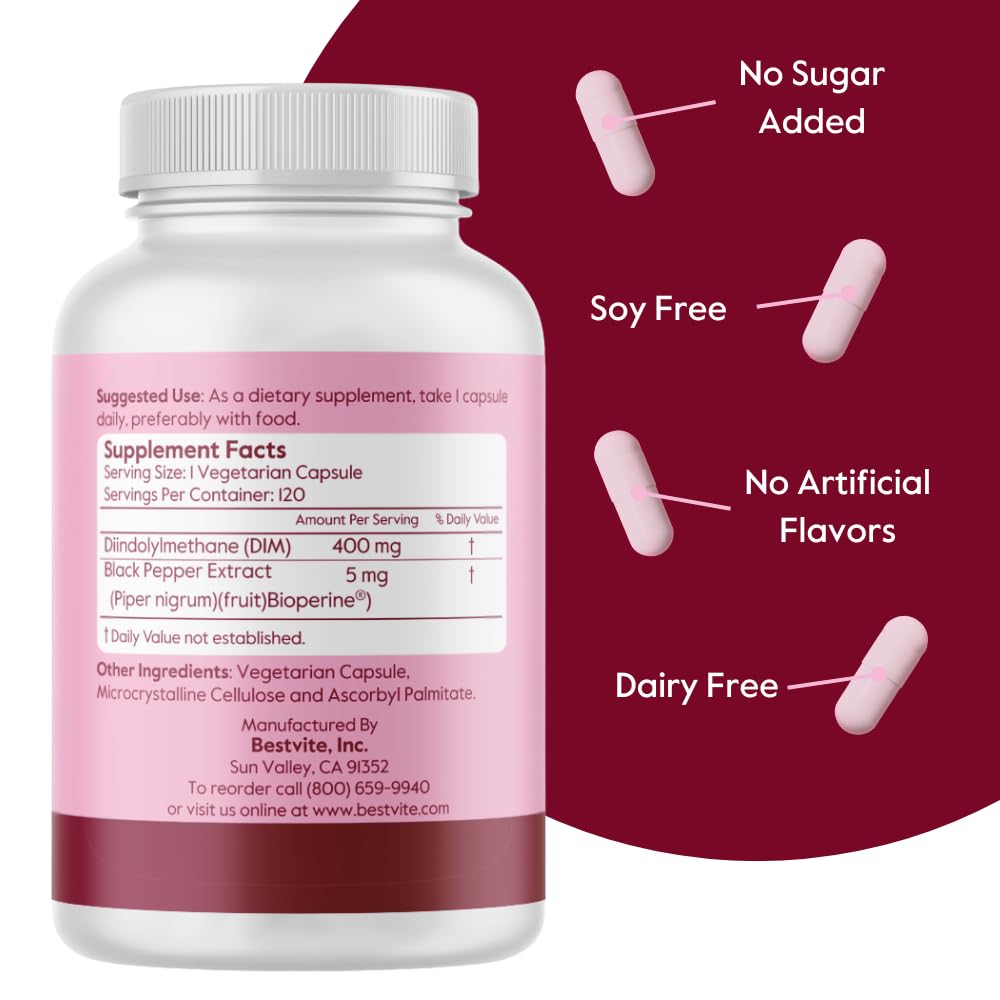 BESTVITE DIM Diindolylmethane 400mg with Bioperine Capsules, 120 Count