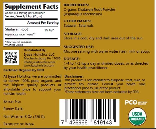 Iyasa Holistics Organic Shatavari Root Powder 8 oz