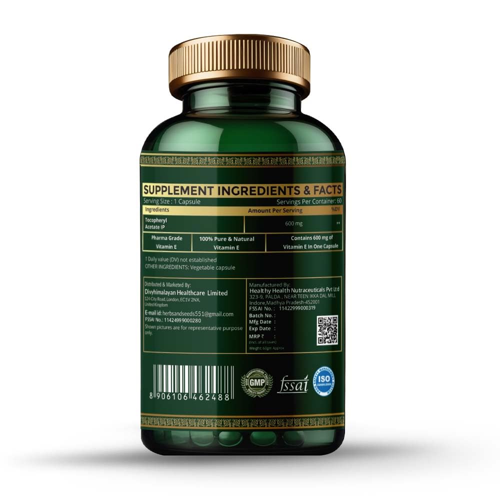 HERBS & SEEDS Vitamin E 600mg (D-Alpha-Tocopherol) Supplement, 90 Capsules