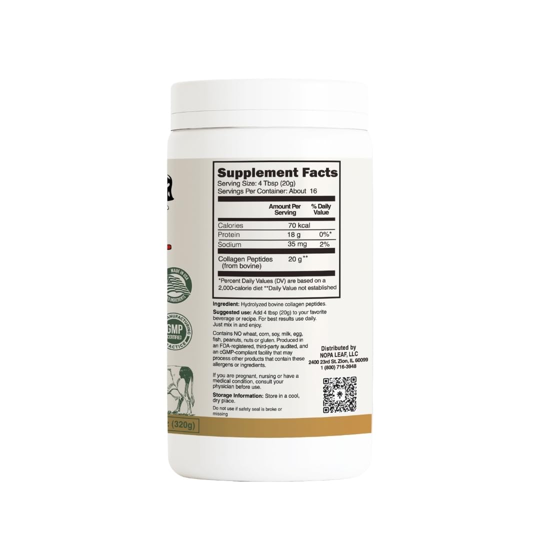 Nopalina Hydrolyzed Collagen Peptides Powder - Type I & III, Grass-Fed Pasture-Raised Bovine Collagen, 11.29 oz