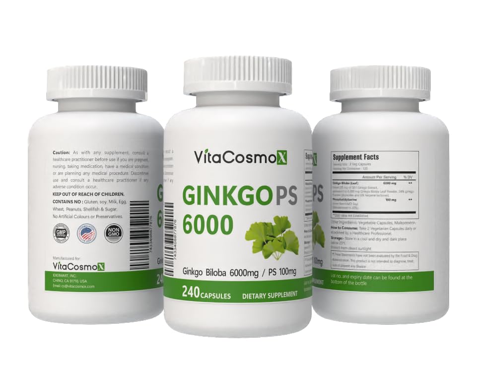 VitaCosmoX Ginkgo Biloba with Phosphatidylserine Complex Capsules, 240 Vegetarian Capsules