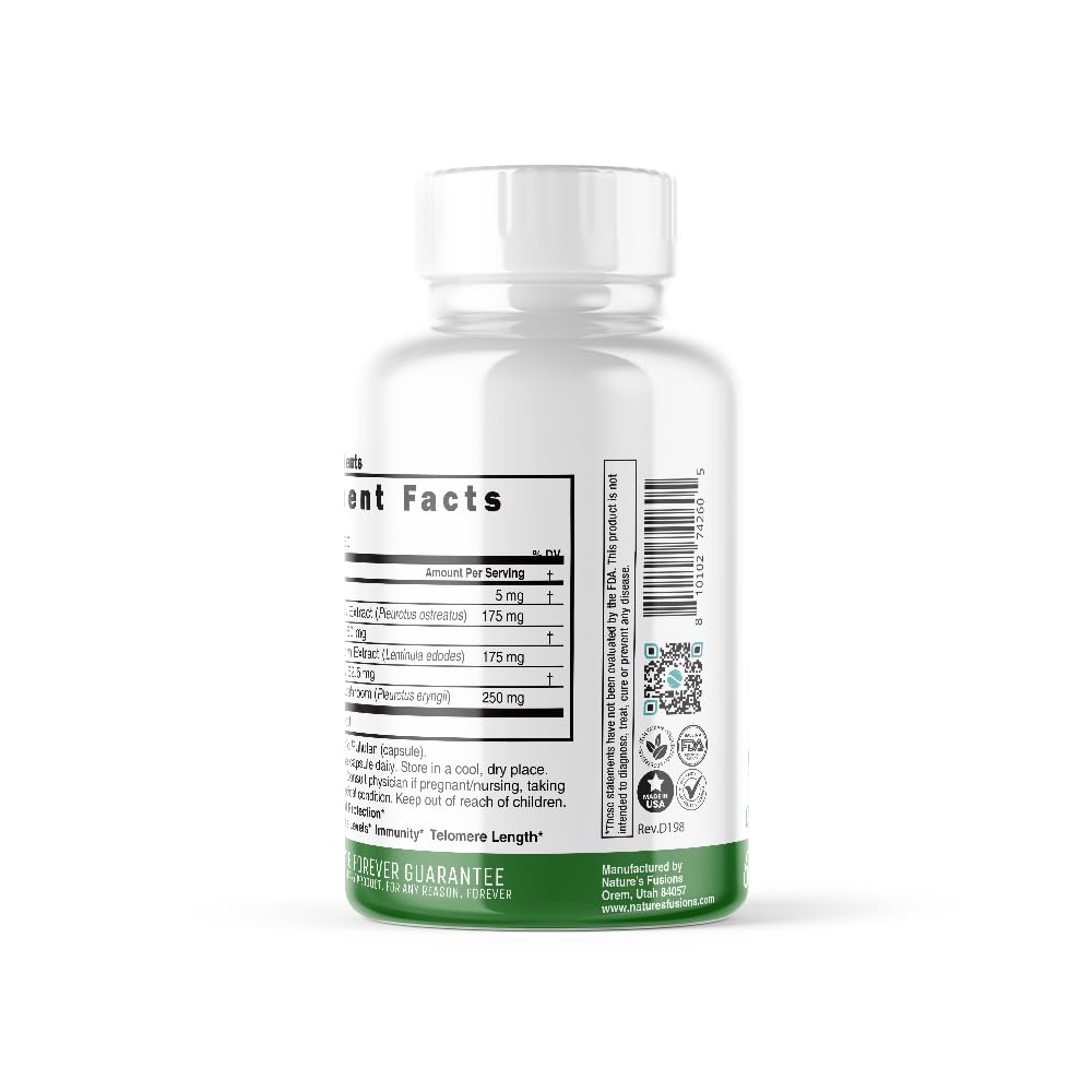 Nature's Fusions Nutri L Ergothioneine Supplements with Organic Mushroom Complex - 5mg & 600mg Mushroom Extracts, Oyster, Shiitake, King Trumpet 600 mg Capsules, 60 Count