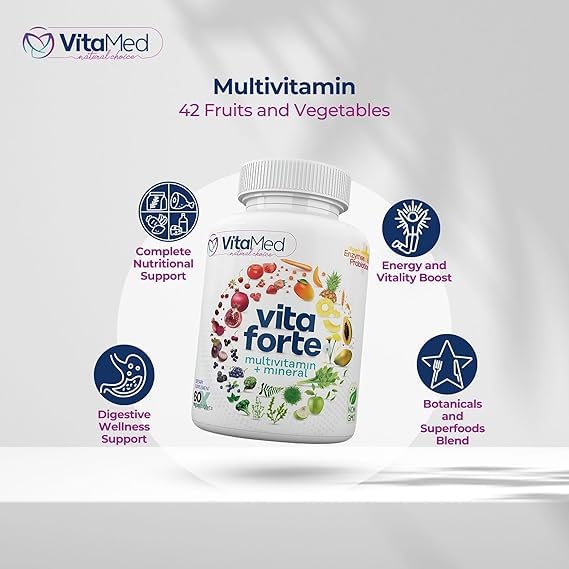 VitaMed Vita Forte Vegan Multivitamin with Probiotics, Digestive Enzymes & 42 Fruits & Vegetables – Halal Certified, Non-GMO, Gluten-Free, Daily Energy & Immune Support – 180 Tablets