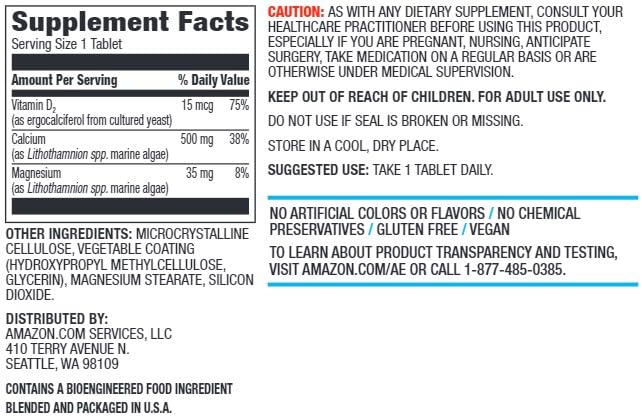 Amazon Elements Calcium plus Vitamin D, 500mg with D2 600IU, 65 Tablets