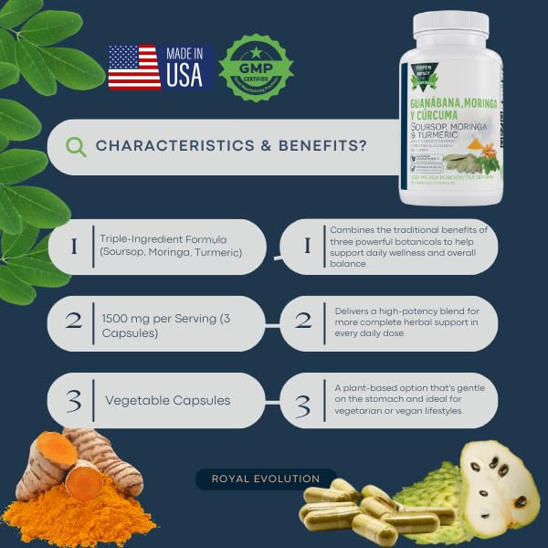 GREEN ROYALTY Moringa, Guanabana & Curcuma 1500 mg per Serving Capsule 90 Count
