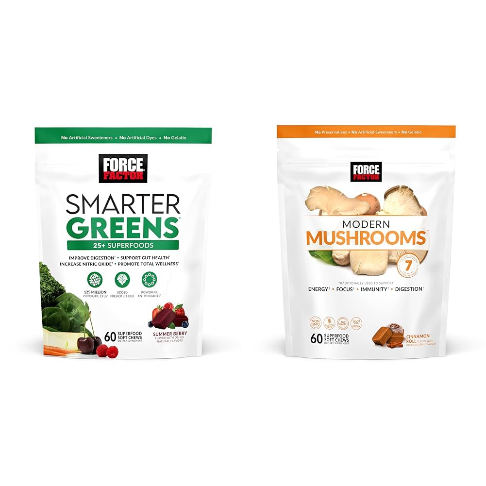 Force Factor Smarter Greens Superfood Soft Chews with Probiotics & Lions Mane & Turkey Tail Mushrooms, 60 Count