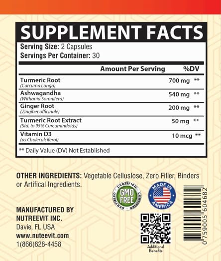 NutreeVit Turmeric Ashwagandha Ginger Vitamin D3 Capsule, 60 Count