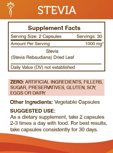 Secrets of the Tribe Stevia Rebaudiana Dried Leaf 1000 mg Capsules, 60 Count