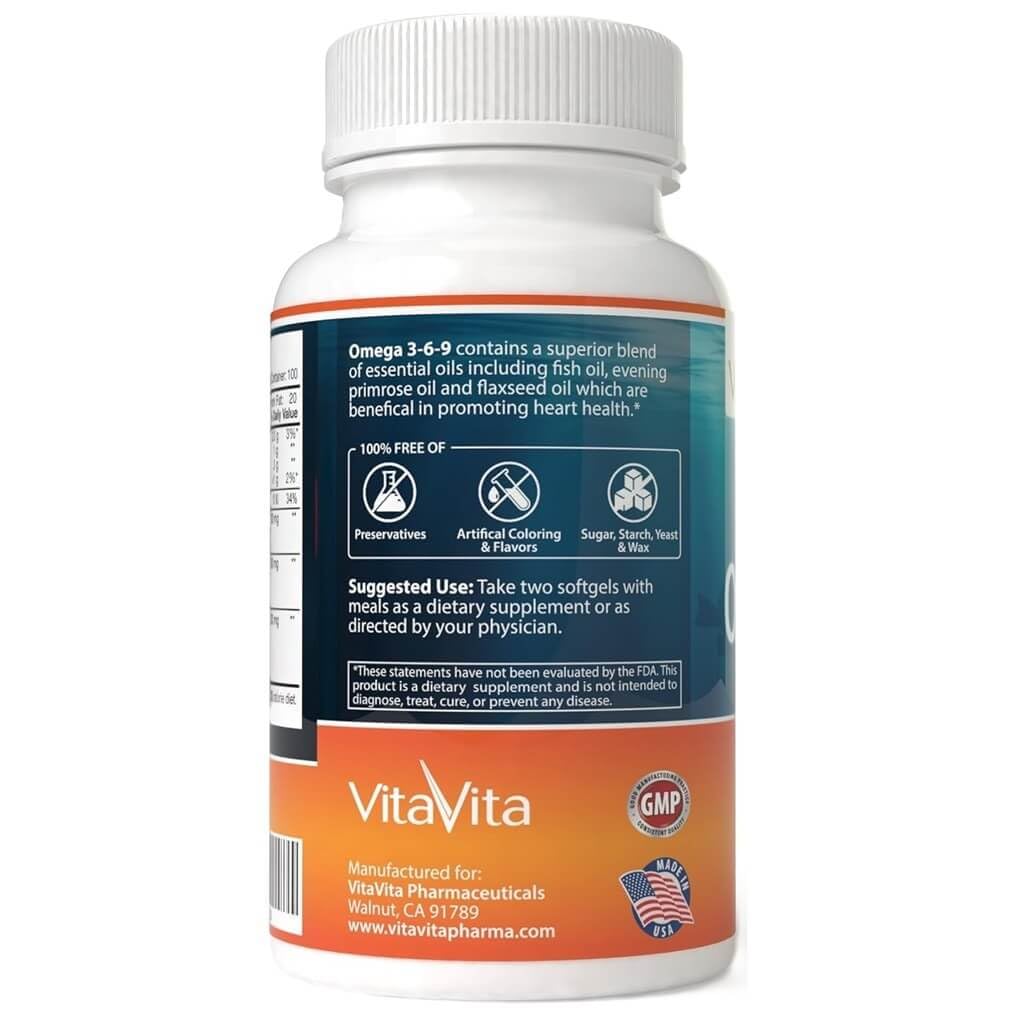 VitaVita Triple Strength Omega 3-6-9 Fish Oil, Flaxseed & Evening Primrose Oil, 2000mg EPA & DHA Softgels, Pack of 200