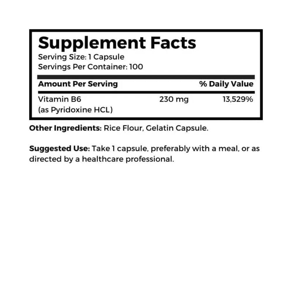 Dr Clark Store Vitamin B6 Supplement, 230mg, Capsule, 100 Capsules