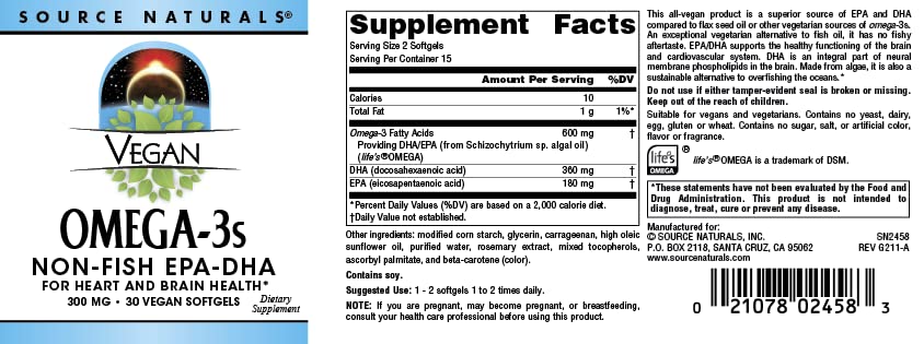 Source Naturals Vegan Omega-3s, Non-Fish EPA-DHA, for Heart and Brain Health Support Softgels 30