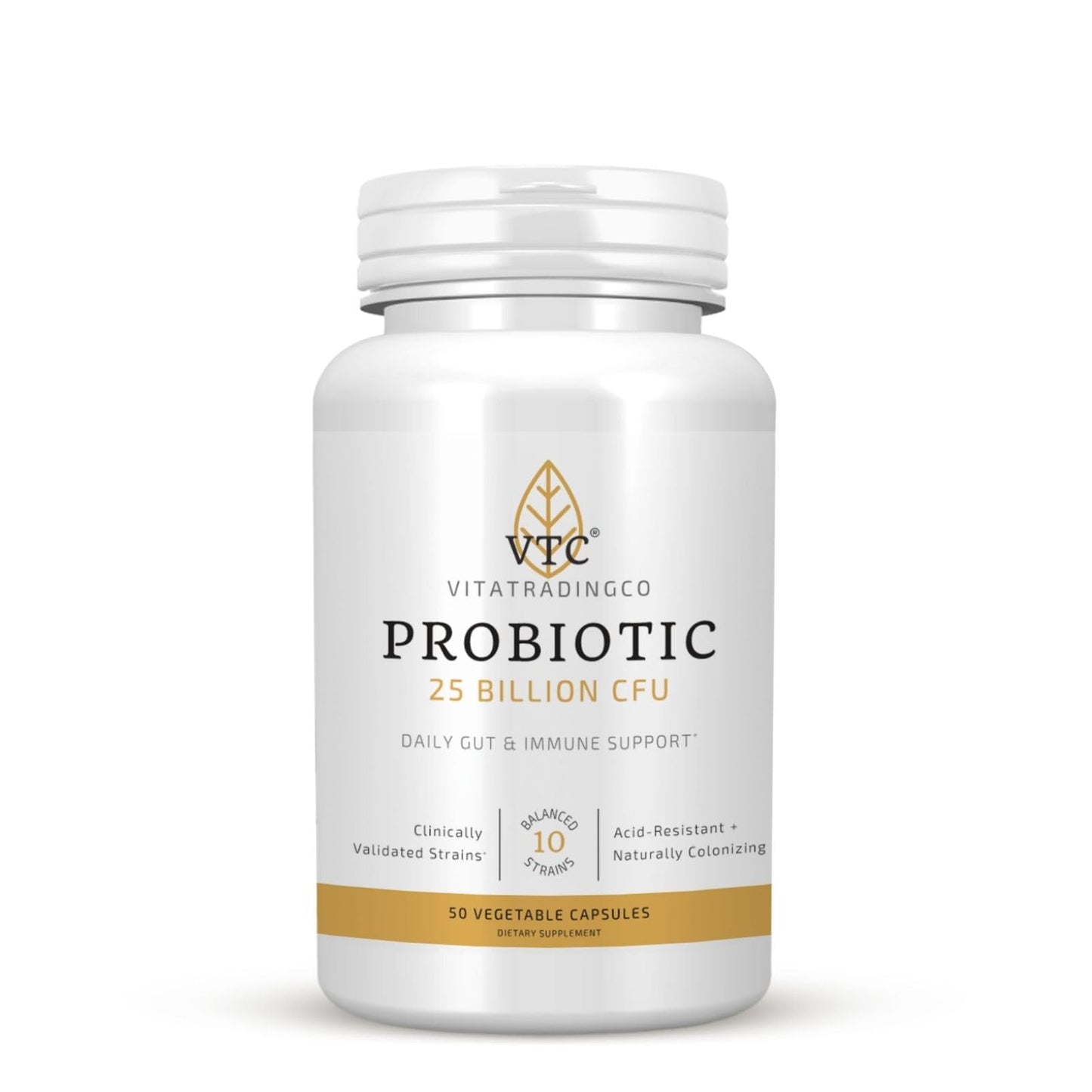 VTC Probiotic 25 Billion CFU, 10 Clinically Validated Strains, Daily Gut, Digestive & Immune Support, 50 Veggie Capsules