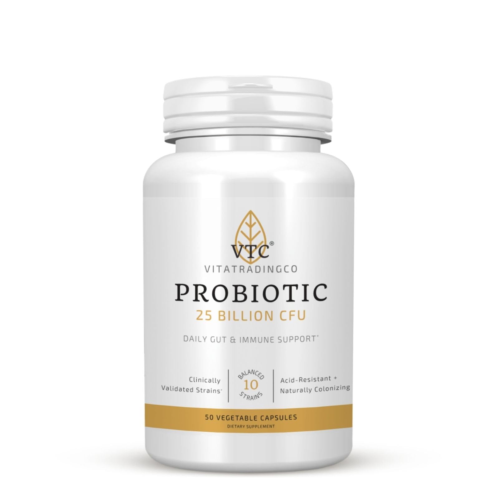 VTC Probiotic 25 Billion CFU, 10 Clinically Validated Strains, Daily Gut, Digestive & Immune Support, 50 Veggie Capsules