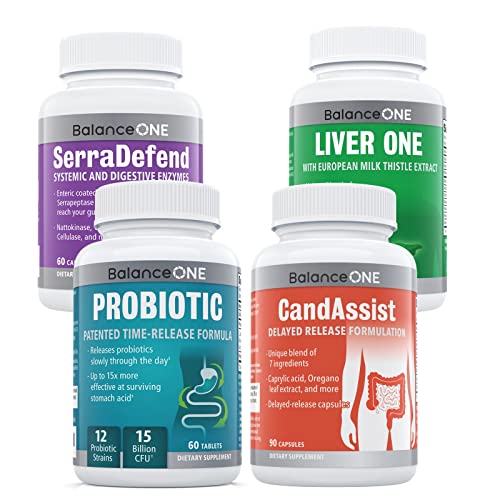 Balance ONE 4-in-1 Bundle Probiotic, CandAssist, Liver One & SerraDefend, 15 Billion CFU Time-Release Probiotic, Delayed-Release Capsules, 270 Capsules