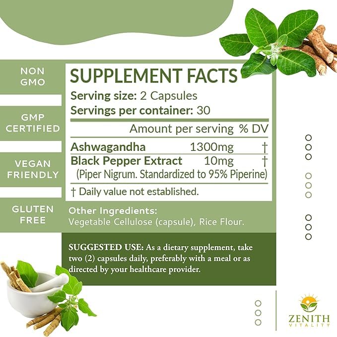 Zenith Vitality Ashwagandha 1300mg Capsules, 60 Count