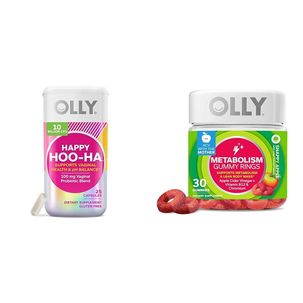 OLLY Happy Hoo-Ha Probiotic for Women Vaginal Health Capsules, 25 Count & Metabolism Gummy Rings for Energy, 30 Count