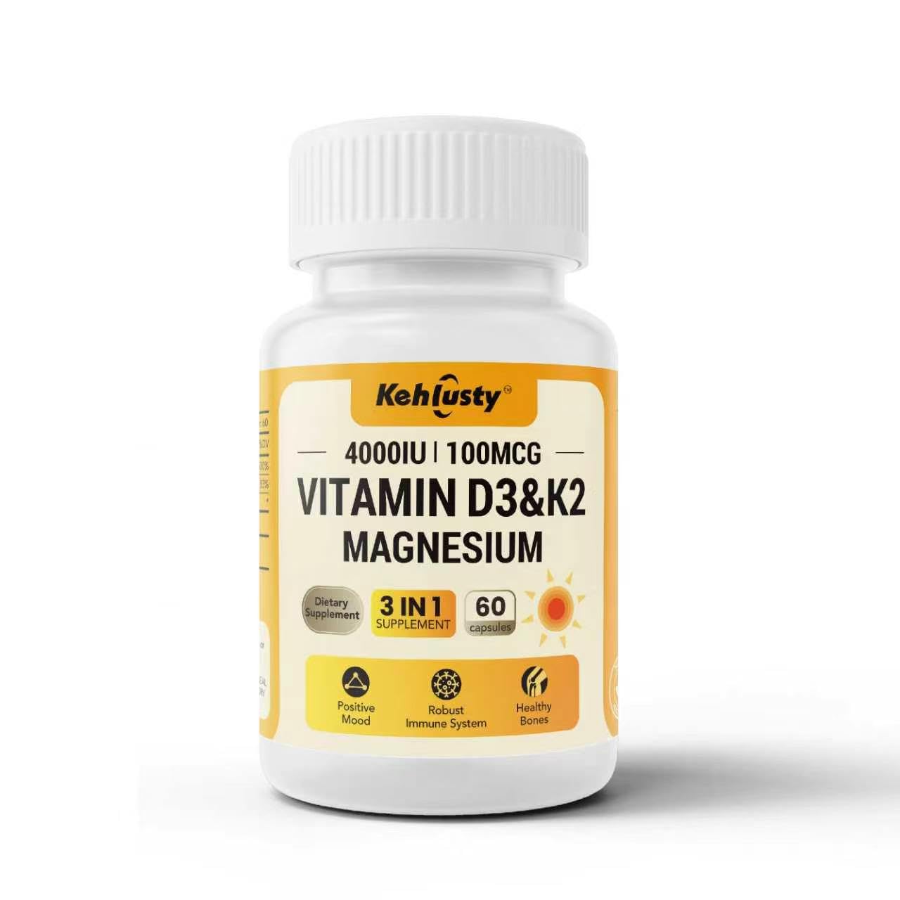 KEHLUSTY 3-in-1 Vitamin D3 K2 4000IU with Magnesium Glycinate, 60 Capsules