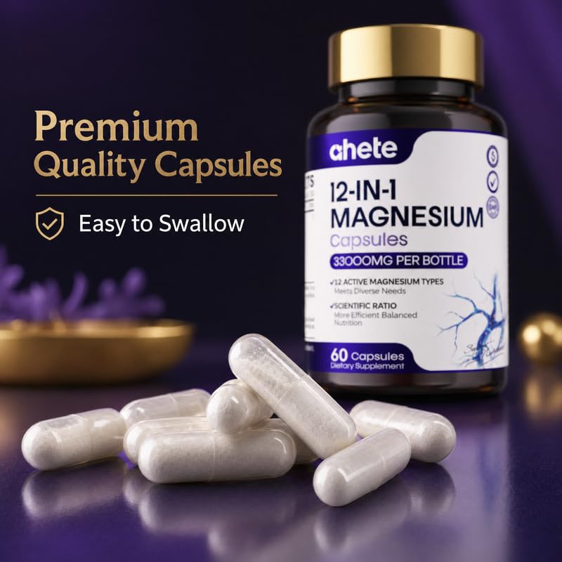 Ahete Magnesium Complex Capsules 1100mg Full-Spectrum Magnesium Blend – Citrate, Glycinate, Malate, Taurate & More – Supports Muscle Relaxation, Nervous System, Heart & Bone Health, 60 Capsules