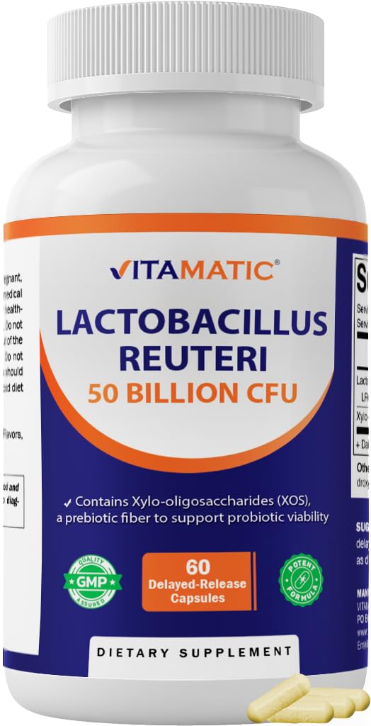 Vitamatic Lactobacillus Reuteri 50 Billion CFU with XOS Prebiotic, Delayed-Release Probiotic Capsules, 60 Count