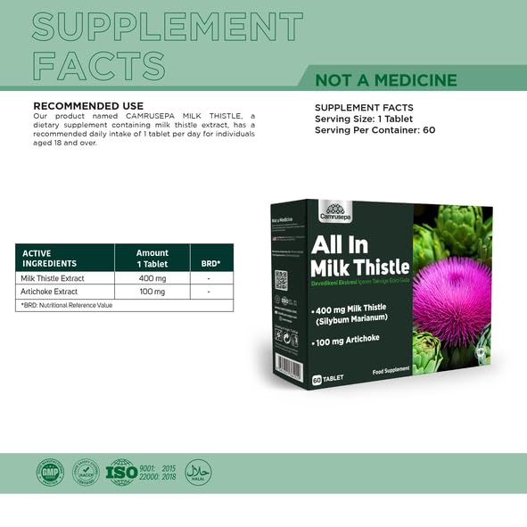 Camrusepa All in Milk Thistle – Silybum marianum & Artichoke Herbal Extract Tablet, 60 Tablets