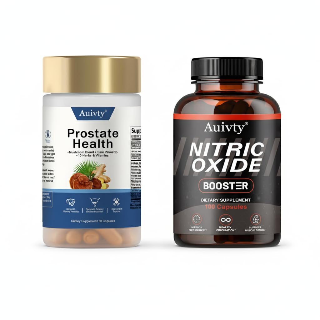 Auivty Prostate Health and Nitric Oxide Booster Bundle with Saw Palmetto Mushroom Blend, 190 Capsules
