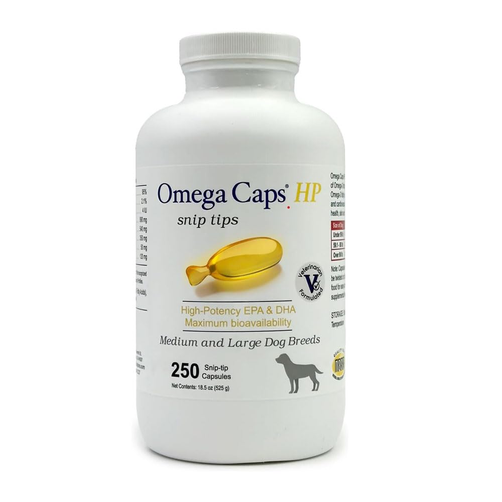 OMEGA-CAPS ES HP Snip Tips for Medium and Large Dogs High Potency EPA and DHA Maximum Bioavailability Fish Oil Supplement Vet Formulated Made in USA Skin Coat Joint and Heart Health, 250 Capsules