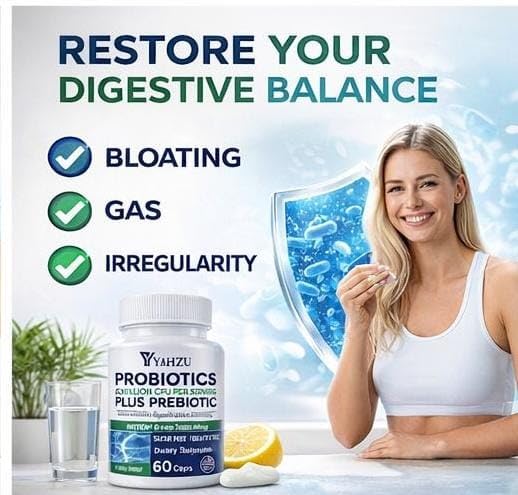 YAHZU 60 Billion CFU Probiotics with Prebiotic Fiber Synbiotic Digestive & Immune Support, 4 Clinically Researched Strains, 60 Capsules