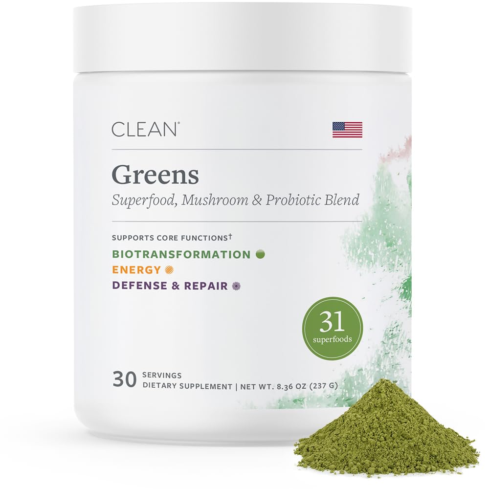 CLEAN Greens Superfood Powder - Organic Green Blend with Probiotics, Mushrooms & Adaptogens for Energy, Gut Health & Daily Nutrition - Apple Flavored Plant-Based Greens Supplement, 11.29 oz