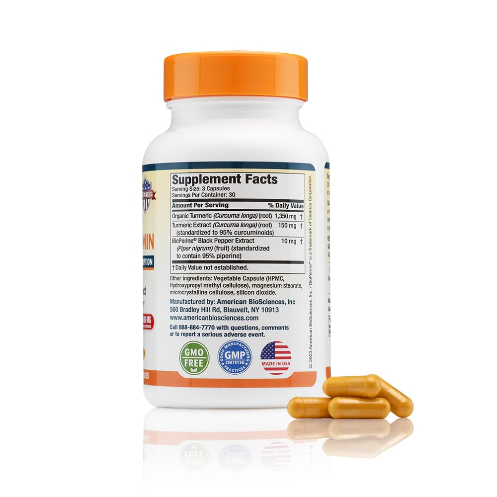 American BioSciences USA Premium Turmeric Curcumin with BioPerine 1500mg - 95% Standardized Curcuminoids & Black Pepper Extract for Enhanced Absorption - Natural Joint Support Capsules, 90