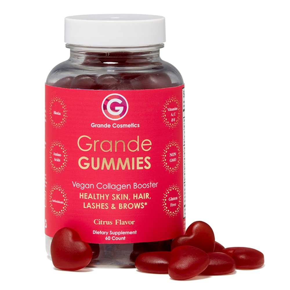 Grande Cosmetics Vegan Collagen Hair Vitamin Gummies with Biotin, Folic Acid & Vitamin C - for Healthier-Looking Hair, Skin, Lashes & Brows - Citrus Flavor, 60 Gummies