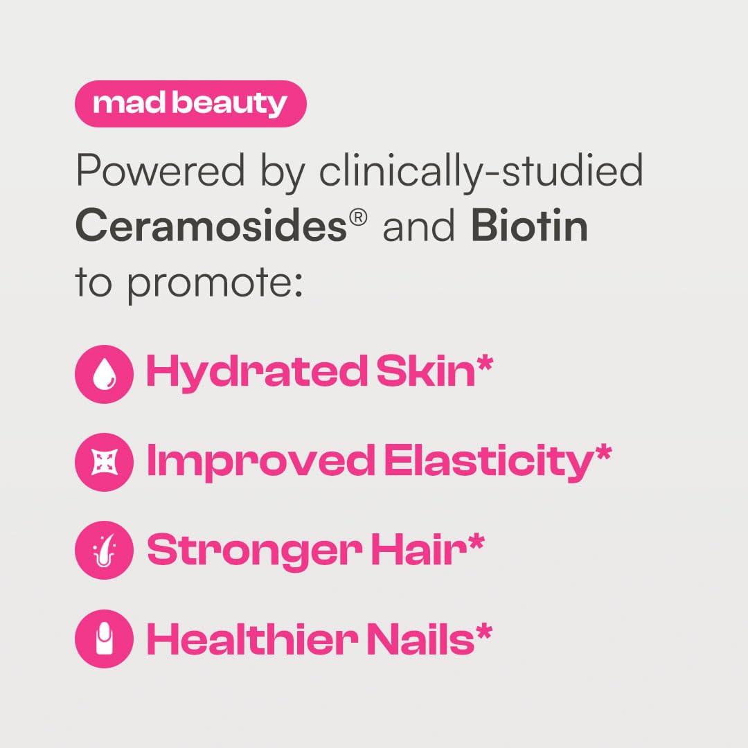 Mad Glow Hair Skin and Nails Vitamins for Women with Biotin, Hyaluronic Acid & Vitamin C Capsules 30