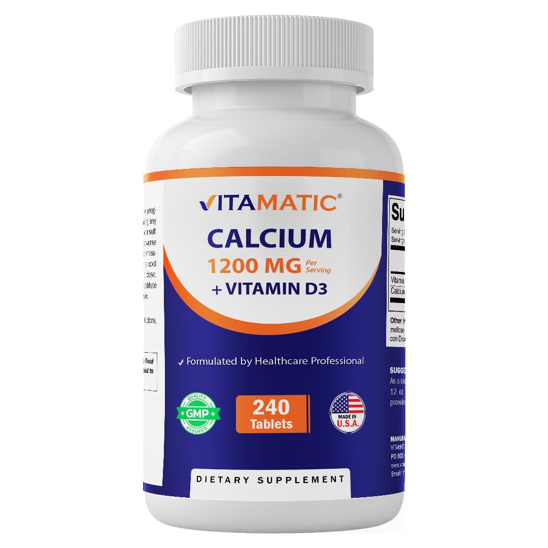 Vitamatic Calcium 1200mg with Vitamin D3 2000 IU (50 mcg) – High Absorption Calcium Carbonate with D3 – Non-GMO, Gluten-Free – 240 Tablets