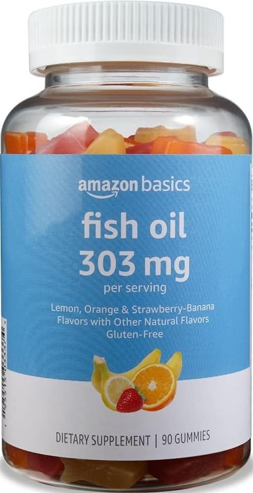 Amazon Basics Fish Oil 303 mg, Soft Chew Gummies, Lemon, Orange & Strawberry-Banana Flavors, 90 Count, EPA and DHA Omega-3 Fatty Acids (Previously Solimo)