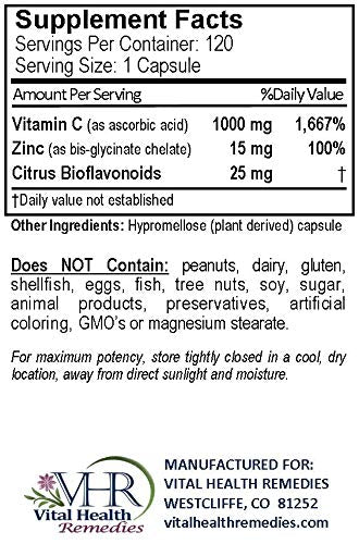 Vital Health Remedies Vitamin C 1000 mg with Zinc & Citrus Bioflavonoids, 120 Capsules