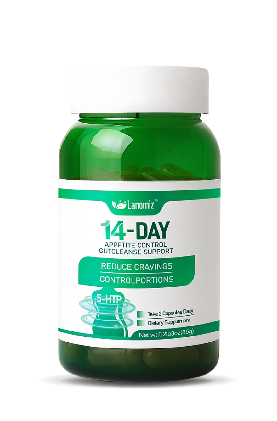 Lanomiz 14DAY Appetit & Craving Control Gut Health Complex Featuring Delayed-Release Probiotics & White Kidney Bean Extract 5-HTP 60 Capsules